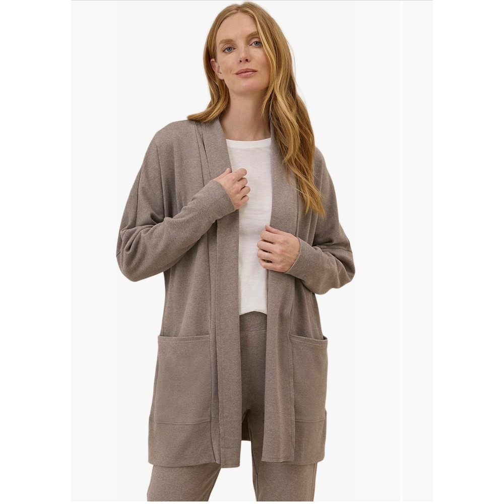 Pact Organic Cotton Longline Cardigan Sweater Taupe Brown M/L Open Front Pockets